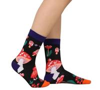 Womens Black Colourful Mushroom Funghi Socks One Size UK 3-7 EU 36-40