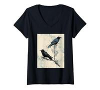 Women's Black Crow Aesthetic Witchy Raven Art, Dark Academia V-Neck T-Shirt