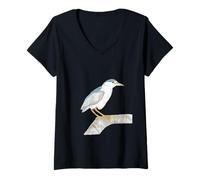 Women's Black Crowned Night Heron Watercolor Illustration V-Neck T-Shirt