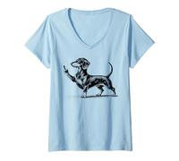Womens Black Dachshund With Middle Finger V-Neck T-Shirt
