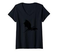 Women's Black Dragon Flying, Blackout Minimalist Design Silhouette V-Neck T-Shirt