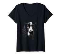 Womens Black English Springer Spaniel Dog Springer Face V-Neck T-Shirt