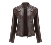 Women'S Black Faux Leather Biker Jacket,Stylish Stand Collar Zip Up Pu Leather Moto Coat Casual Long Sleeves Classic Slim Fit Short Top Spring Fall Outwear,Dark Brown,I(L)