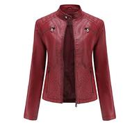 Women'S Black Faux Leather Biker Jacket,Stylish Stand Collar Zip Up Pu Leather Moto Coat Casual Long Sleeves Classic Slim Fit Short Top Spring Fall Outwear,Burgundy,L(Xl)