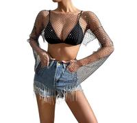 Womens Black Fishnet Rhinestone Crop Top Sparkly Glitter See Through Body Chains Long Sleeve Top Stylish Crystal Mesh Diamond Beach Swimwear Bikini Coverups Party Clubwear