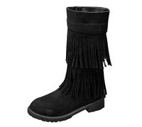 Women's Black Fringe Boots Brown High with Zip | Platform Overknees Boots Patent and Leather High Heels Women's Cowboy Boots Suede Brown Thick Sole Transition Boots