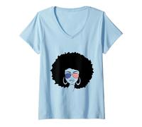 Womens Black Girl US Flag Melanin Afro 4th Of July African American V-Neck T-Shirt