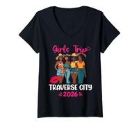 Womens Black Girls Trip Traverse City 2026 Vacation Matching V-Neck T-Shirt