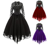 Women's Black Gothic Lace Dress Long Sleeve Lace-up Vintage Punk Puff Sleeve A Line Swing Short Goth Dress Ladies Sexy Banquet Festival Dress Bodycon Dress Maxi Dress Retro Gown Gothic Cosplay Dress