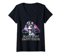 Womens Black is My Happy Color Gothic Girl Dark Goth Occult Unicorn V-Neck T-Shirt