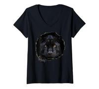 Women's Black Jaguar Breaking Through Torn Hole Wildlife Graphic V-Neck T-Shirt