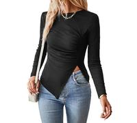 Women's Black Knit Crop Top Long Sleeve Split Hem Going Out Tops Ruched Front Slim Fit Blouse Y2K T Shirt