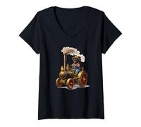 Women's Black Lab Labrador Dog Driving Antique Steam Engine Tractor V-Neck T-Shirt