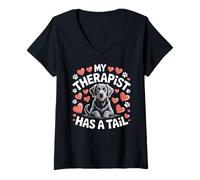 Womens Black Lab My Therapist Has a Tail Service Animal Dog Lover V-Neck T-Shirt