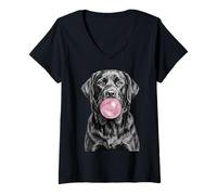 Women's Black Labrador Dog Blowing Bubblegum V-Neck T-Shirt