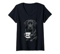 Women's Black Labrador Dog with Cup Coffee Says No, 'em nö V-Neck T-Shirt
