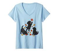 Women's Black Labrador Puppies Fall Leaves V-Neck T-Shirt