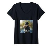 Womens Black Labrador Retriever dog hunting ducks in a pond. V-Neck T-Shirt