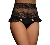 Womens Black Lace French Knickers High Waisted Sheer Lingerie Briefs 8-12 | Floral lace mesh, satin bow details, lace frill trim, peekaboo front, corset-style ribbon back, UK sizes 8-12