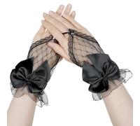 Women's Black Lace Gloves Bow Lace Fingerless Gloves Short Rhinestone Mesh Gloves Tulle Tea Party Bridal Gloves for Banquet Wedding Opera Party Halloween