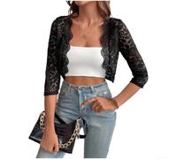 Women's Black Lace Short Cardigan Jacket 40cm for slim Fit 3/4 Sleeves | Nylon fabric elegant solid pattern cropped length delicate lace overlay for women S-XXL sizing