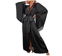 Women's Black Lace Trim Long Robe, Elegant Satin Bathrobe, Sheer Sexy Kimono, Full Length Lace Bathrobe, Glamorous Belted Nightwear, Black Satin Robe for Special Occasions