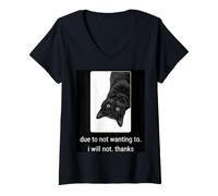 Women's Black Lazy cat Humor Due to not Wanting to Will not Thanks V-Neck T-Shirt