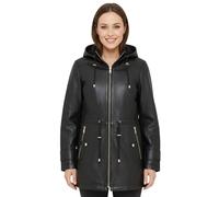 Womens Black Leather Parka Jacket Removable Borg Hooded Trench Coat