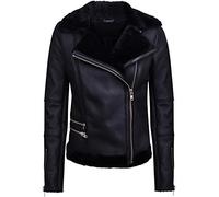 Women's Black Leather Shearling Sheepskin Biker Jacket L