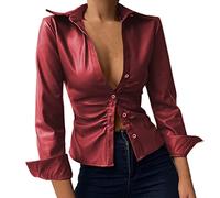 Women's Black Leather Shirt: PU Leather Jacket Women Long Sleeve Faux Leather Tops Shirt Jacket Office Blouse Long Sleeve Shirt V-Neck Elegant Blouses Top Lapel Buttons Shirt Blouse Spring Summer