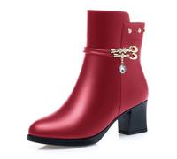 Womens Black Lined Winter Boots Lace Up Block Heel Non Slip Sole Warm Lined Comfortable Slip On Boots, red, 5 UK