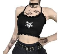 Women's Black Mall Goth Crop Top Gothic Skull Punk Lace Cami Clubwear Sexy Tank Tops Ruffles Backless Vest, Pentagram Black, Small