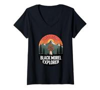 Womens Black Morel Explorer Mushroom Forager Hiking V-Neck T-Shirt