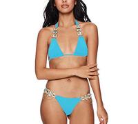 Women's Black Multicoloured Gemstone Embellished Bikini Strap Swimsuit Crystal Diamond Sexy Plus Size Swimwear Swimsuit Men Retro Halterneck Bikini Triangle Set for Bikini, sky blue, XL