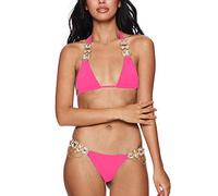 Women's Black Multicoloured Gemstone Embellished Bikini Strap Swimsuit Crystal Diamond Sexy Plus Size Swimwear Swimsuit Men Retro Halterneck Bikini Triangle Set for Bikini, Red (watermelon red), S
