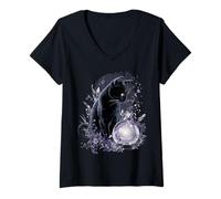 Womens Black Mystical Cat Fortune Telling Teller Magical Aesthetic V-Neck T-Shirt