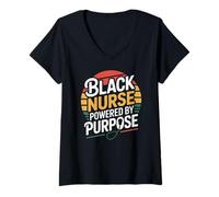 Womens Black Nurse Powered by Purpose Melanin RN Pride Nursing V-Neck T-Shirt