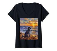 Women's Black Poodle Dog on the Beach at Sunset Artwork V-Neck T-Shirt