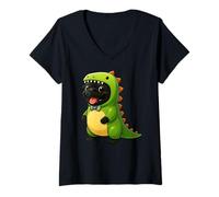 Womens Black Pug Dinosaur Costume Trex Animal Lover Mom Dad Kids V-Neck T-Shirt