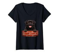 Women's Black Pug Dog Brick Wall Design Funny Black Pug V-Neck T-Shirt