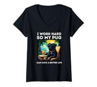Womens Black Pug Lover I Work Hard Design Funny Pug V-Neck T-Shirt