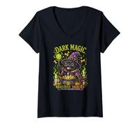 Women's Black Pug Wizard Halloween Dark Magic Requires Snacks V-Neck T-Shirt