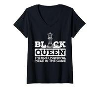 Women's Black Queen Most Powerful Chess African American Juneteenth V-Neck T-Shirt