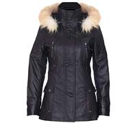 Women's Black Quilted Leather Parka Jacket with Detachable Hood XL