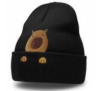 Women's Black Ribbed Beanie Hat, Turned-Up Cuff, Bear Embroidery, 1-Pack