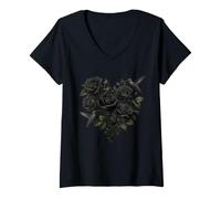 Women's Black Rose Hummingbird Gothic Floral Botanical Artwork V-Neck T-Shirt