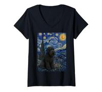 Women's Black Russian Terrier Dog Van Gogh Starry Night V-Neck T-Shirt