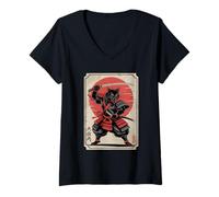 Women's Black Samurai Cat Katana Japanese Kanji Characters Sun V-Neck T-Shirt