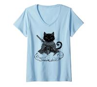 Womens Black Samurai Cat surfing on a Cloud Anime cat Martial arts V-Neck T-Shirt