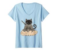 Womens Black Samurai Cat surfing on a Cloud Anime Cat Zen Warrior V-Neck T-Shirt